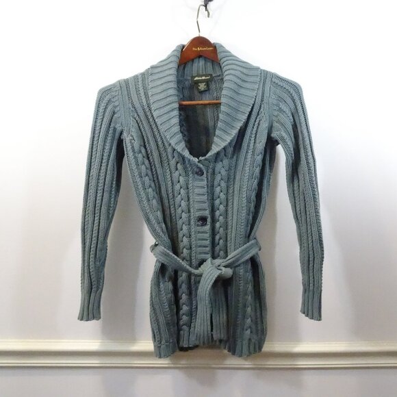 Eddie Bauer Sweaters - Eddie Bauer Cotton Cable Knit Belted Cardigan Sweater XS Petite Gray Green Vtg
